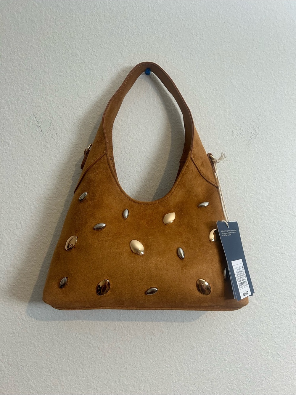 Women's Suede Shoulder Bag with Mixed Metallic Studs - Tan